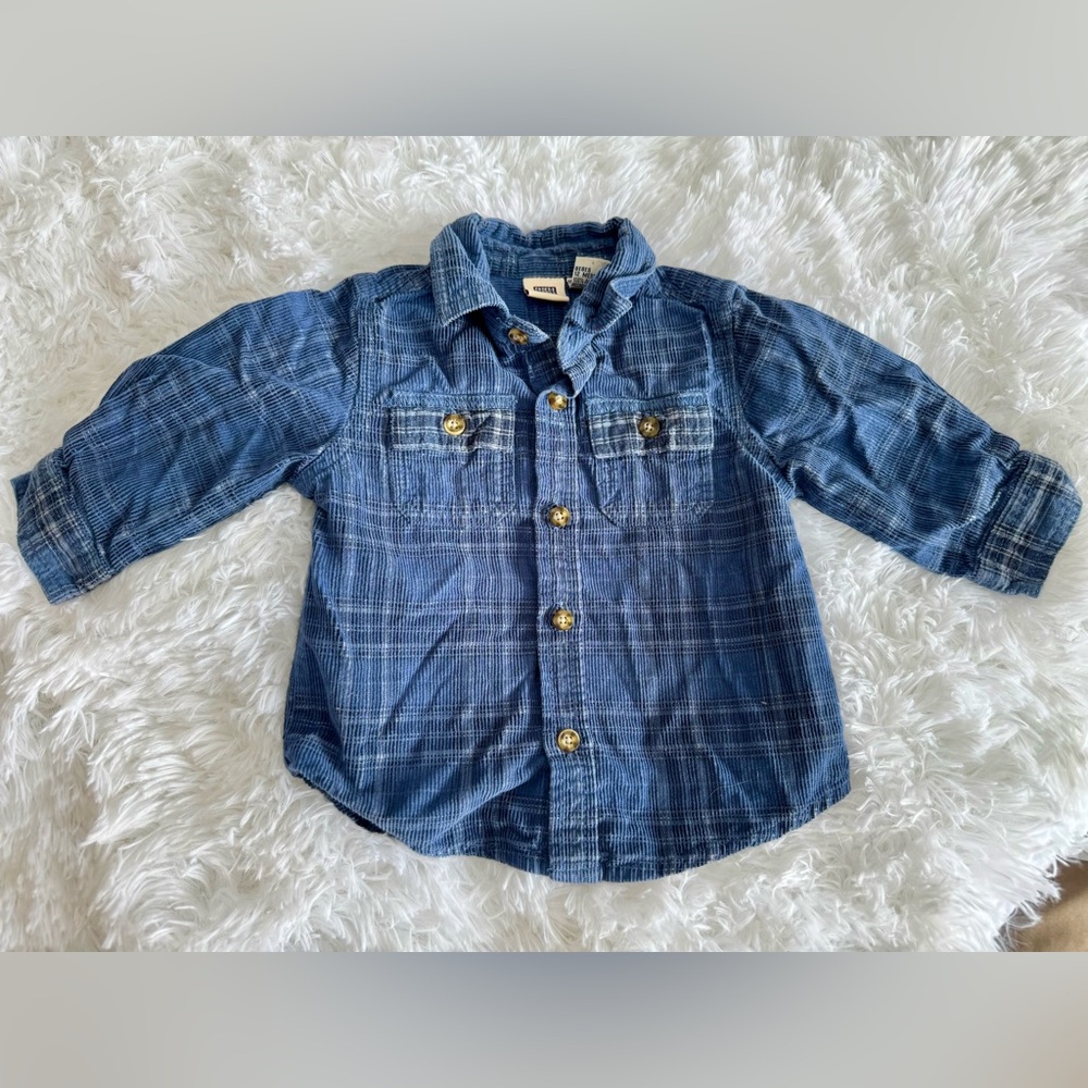 Upcycled Baby Boy Blue Plaid Corduroy Button-Up Shirt Size 12 Month
